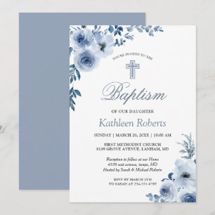 Convite Dusty Blue Bohemian Floral Baptism Christening
