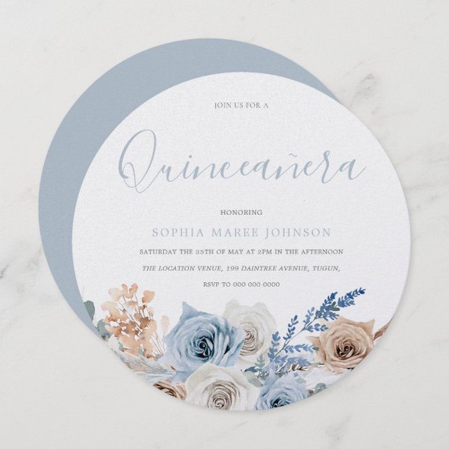 Convite Dusty Blue Boho Pear Shimmer Quinceanera (Frente/Verso)