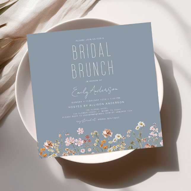 Convite Dusty Blue Boho Wildflower Bridal BrunChá (Criador carregado)