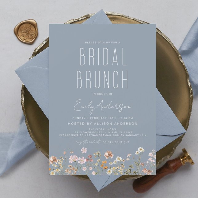 Convite Dusty Blue Boho Wildflower Bridal BrunChá (Criador carregado)