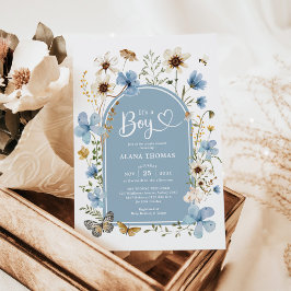 Convite Dusty Blue Boho Wildflower Chá de fraldas