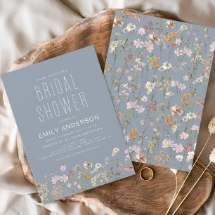 Convite Dusty Blue Boho Wildflower Chá de panela Elegante