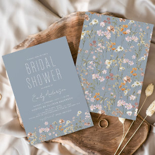 Convite Dusty Blue Boho Wildflower Chá de panela Elegante