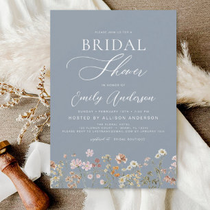 Convite Dusty Blue Boho Wildflower Chá de panela Script