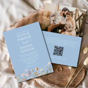 Convite Dusty Blue Boho Wildflower Código QR Casamento Fot