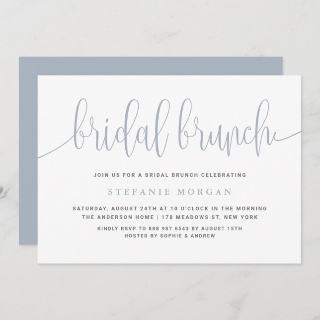 Convite Dusty Blue Bonito Calliografia Bridal Brunch (Frente/Verso)