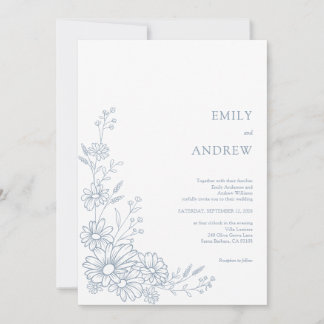 Convite Dusty Blue Botanical Daisy Garden Wedding