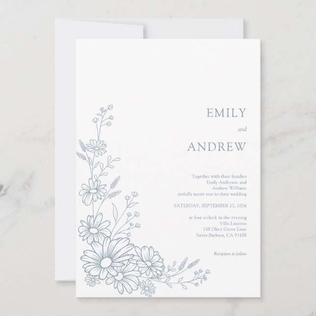 Convite Dusty Blue Botanical Daisy Garden Wedding (Frente)