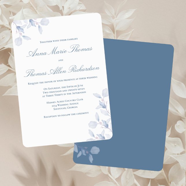 Convite Dusty Blue Botanical Elegant Minimalist Wedding (Dusty blue floral wedding invitation with rounded corners on soft neutral linen.)