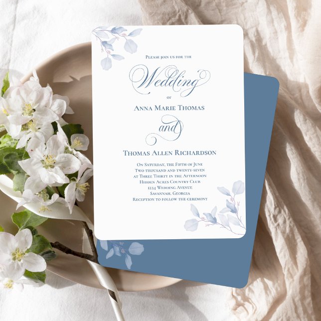 Convite Dusty Blue Botanical Elegant Script Wedding Invite (Elegant dusty blue floral wedding invite styled with white blossoms and soft linen)