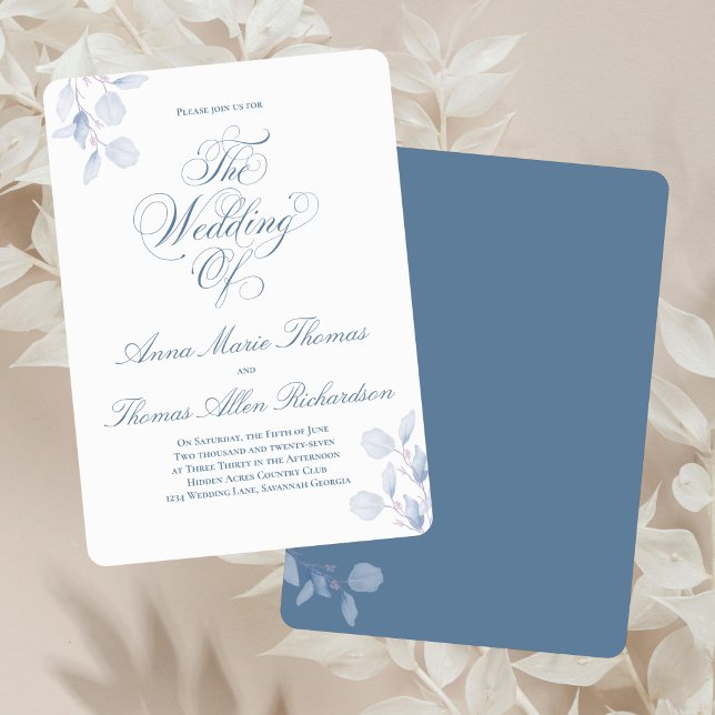 Convite Dusty Blue Botanical Elegant Wedding Of Minimal (Dusty blue “The Wedding Of” invitation with soft florals and elegant calligraphy script.)
