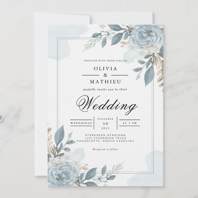 Convite Dusty Blue Botanical Floral Wedding (Frente)