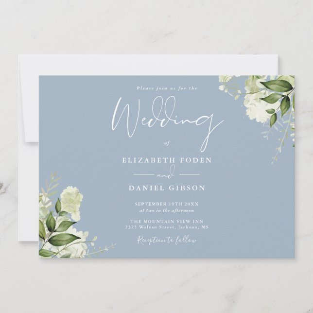 Convite Dusty Blue Botanical Greenery Monograma Casamento (Frente)