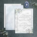 Convite Dusty Blue Botanical Greenery White Marble Casamen<br><div class="desc">Crie o convite perfeito para o casamento com este design de moda com elementos verdes botânicos azuis empoeirados,  estrutura azul empoeirada e fundo mármore falso carrera. A parte de trás do convite apresenta uma textura de aquarela azul empoeirada. Copyright Elegant Invites,  todos os direitos reservados.</div>