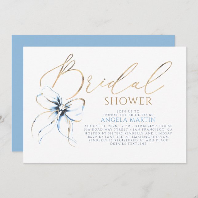 Convite Dusty Blue Bow Elegant Romantic Bridal Shower (Frente/Verso)