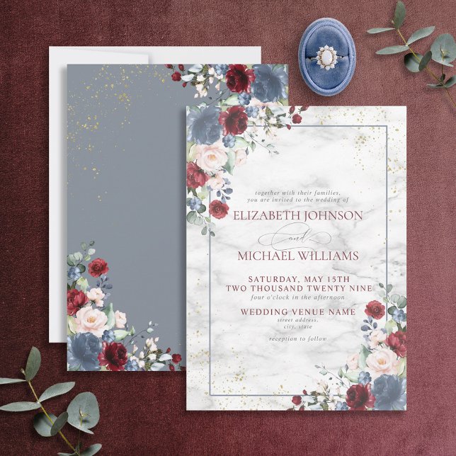 Convite Dusty Blue Burgundy Blush Dourado Casamento Floral (Criador carregado)