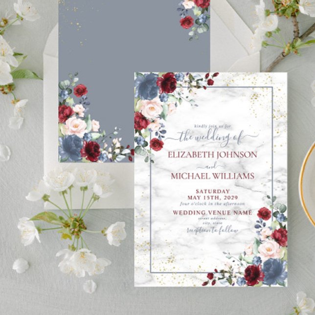 Convite Dusty Blue Burgundy Blush Gold Floral Wedding (Criador carregado)