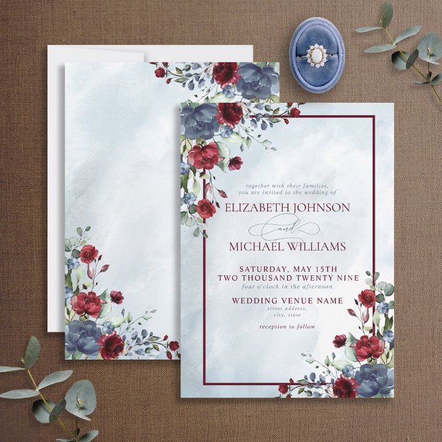Convite Dusty Blue Burgundy Floral Watercolor Script Invit (Criador carregado)