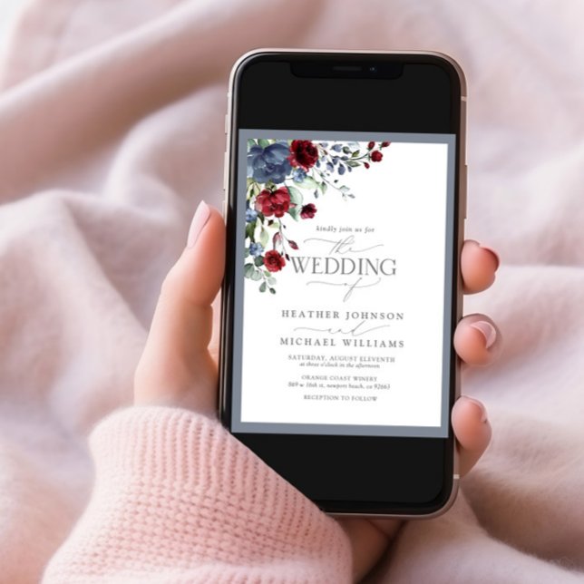 Convite Dusty Blue Burgundy Red Floral Watercolor Foto (Criador carregado)