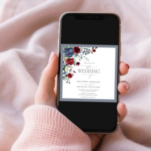 Convite Dusty Blue Burgundy Red Floral Watercolor Script