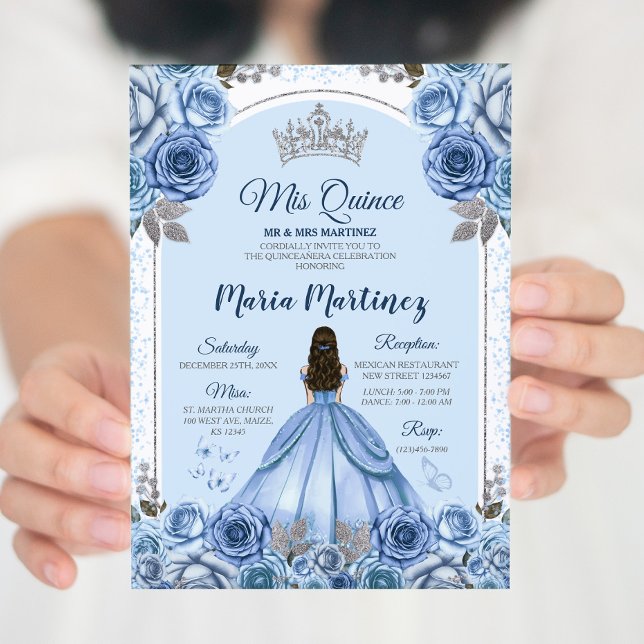 Convite Dusty Blue Butterfly Princesa Silver Quinceañera (Criador carregado)