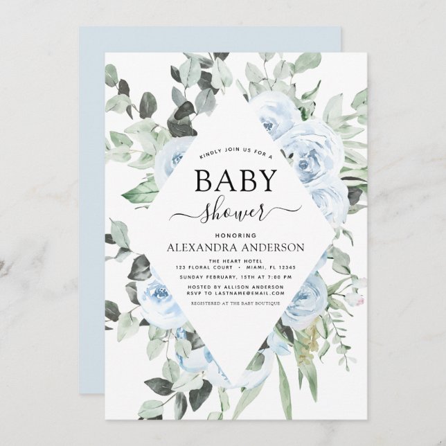 Convite Dusty Blue Chá de fraldas Floral Verde (Frente/Verso)