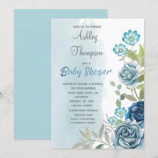 Convite Dusty Blue Chá de fraldas Floral Watercolor