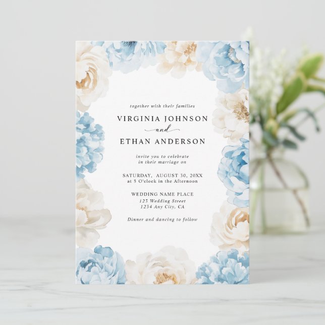 Convite Dusty Blue Champagne Peonies Ivory Casamento Flora (Em pé/Frente)