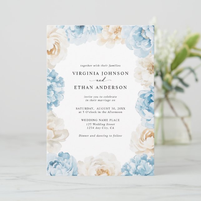 Convite Dusty Blue Champagne Peonies Ivory Casamento Flora (Em pé/Frente)