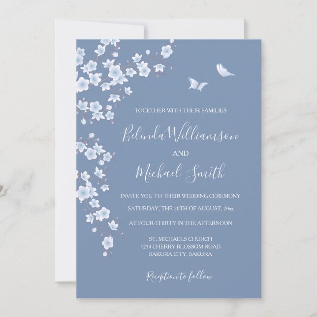 Convite Dusty Blue Cherry Blossom | Wedding (Frente)