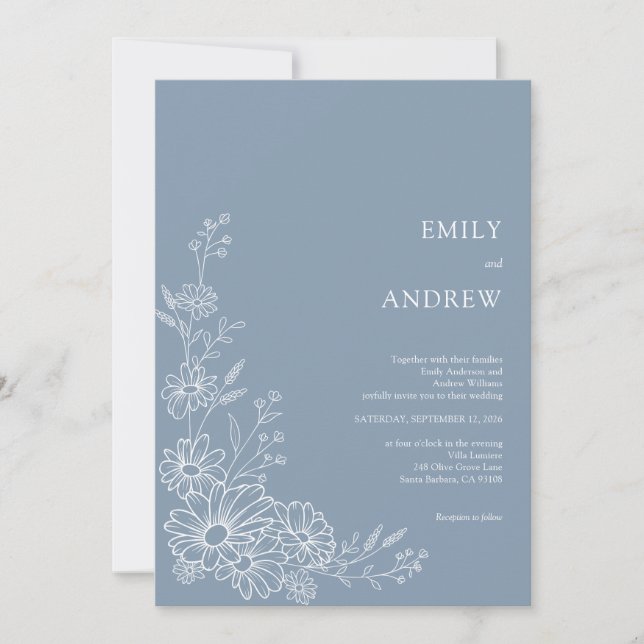 Convite Dusty Blue Chic Botanical Daisy Garden Wedding (Frente)