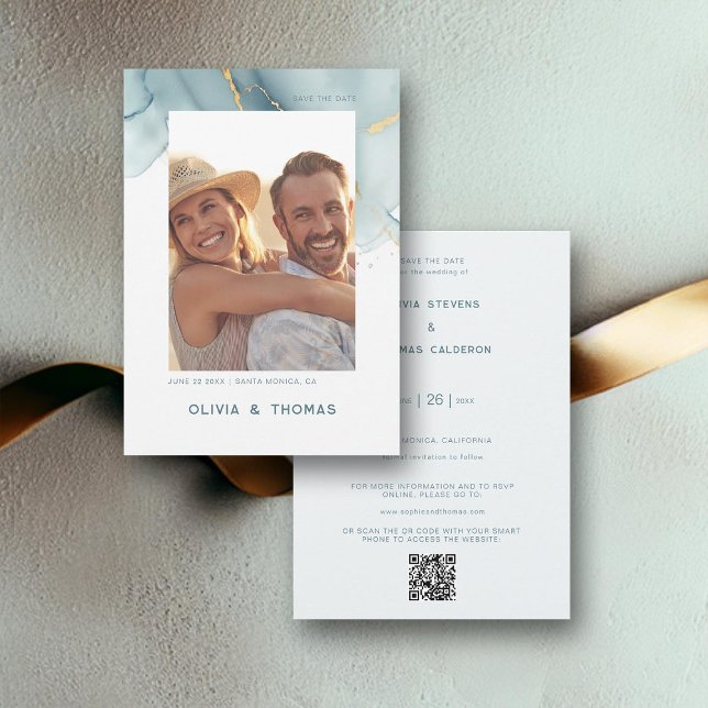 Convite Dusty Blue Chic Modern Wedn QR Data de Salvamento  (dusty blue qr code photo wedding save the date elegant bohemian modern romantic summer winter beach)