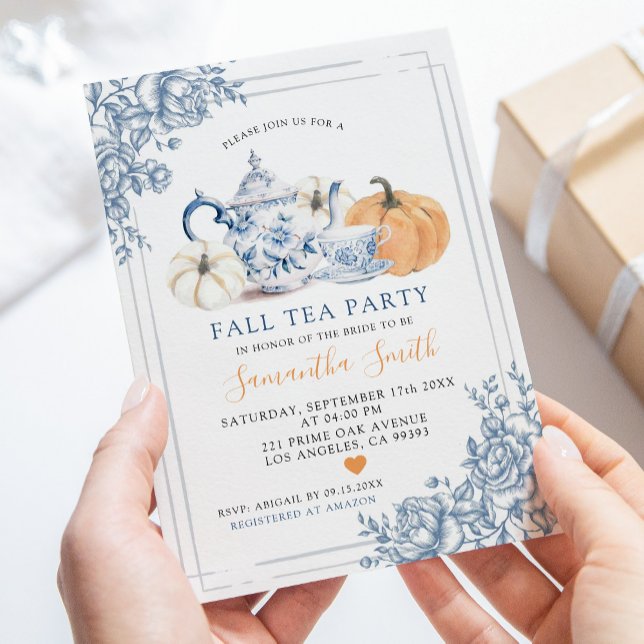 Convite Dusty Blue Chinoiserie Autumn Pumpkin Tea Party (Criador carregado)