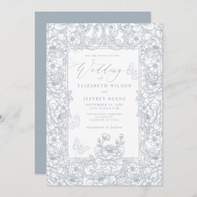 Convite Dusty Blue Chinoiserie Floral Botanical Wedding (Frente/Verso)
