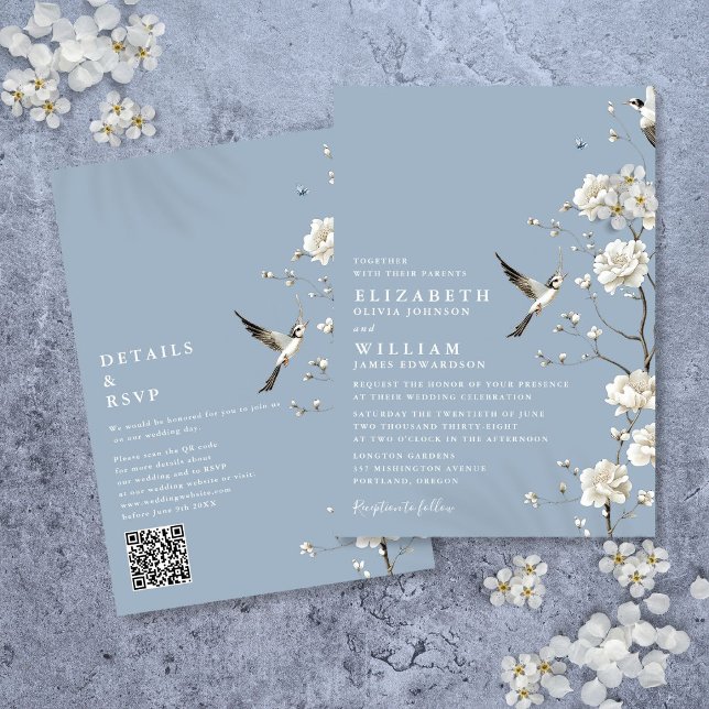 Convite Dusty Blue Chinoiserie Floral Código QR Casamento (Dusty Blue Chinoiserie Floral QR Code Wedding Invitation)