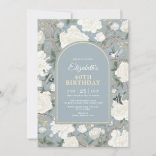 Convite Dusty Blue Chinoiserie Floral Women aniversário de