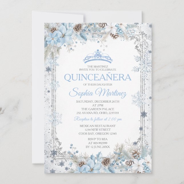 Convite Dusty Blue Christmas Floral Snowflake Quinceañera (Frente)