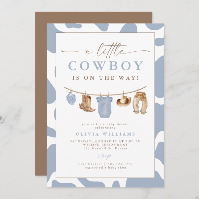 Convite Dusty Blue Clothesline Little Cowboy Baby Shower (Frente/Verso)