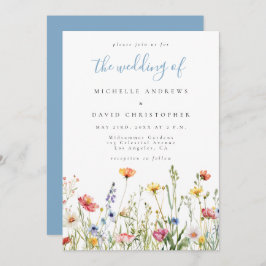 Convite Dusty Blue Colorful Rustic Wildflower Wedding