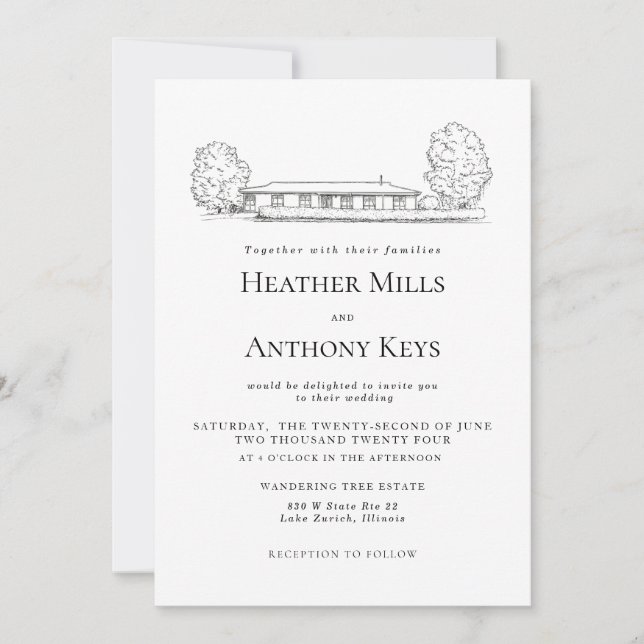 Convite Dusty Blue com Esboço do Local (Frente)