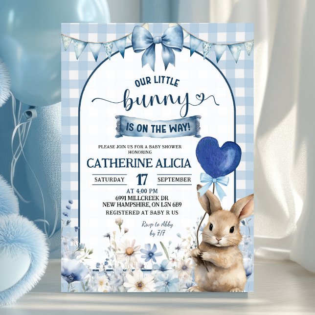 Convite Dusty Blue Coquette Little Bunny Baby Shower (Criador carregado)