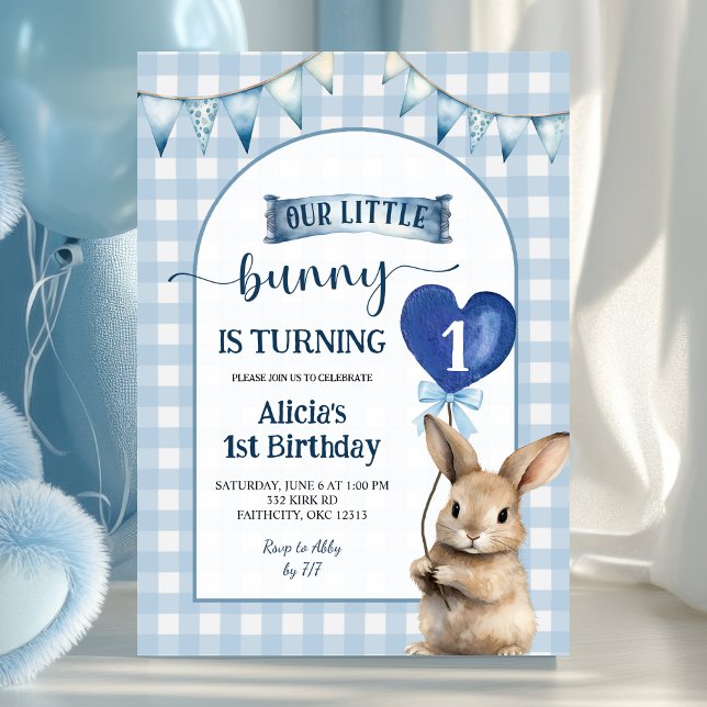 Convite Dusty Blue Coquette Little Bunny Floral Birthday (Criador carregado)