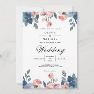 Convite Dusty Blue & Coral Floral Romance Casamento