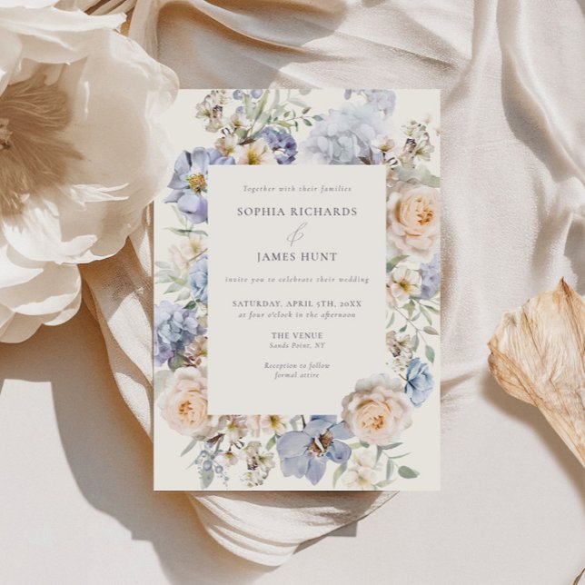 Convite Dusty Blue Cream Floral Weding (Criador carregado)