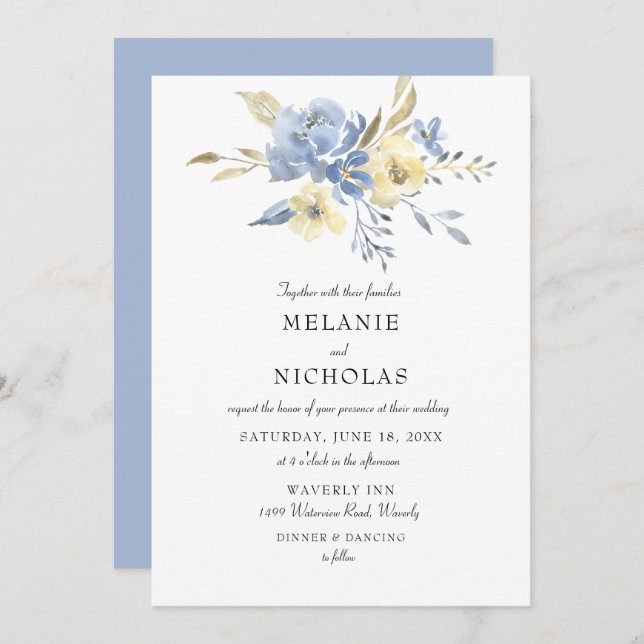 Convite Dusty Blue + Cream Floral Weding (Frente/Verso)