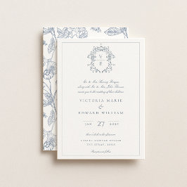 Convite Dusty Blue Crest Casamento Monograma
