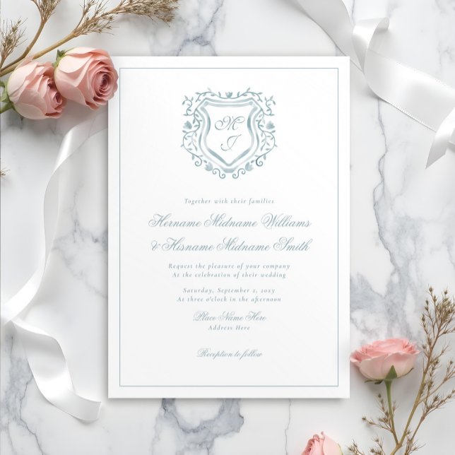 Convite Dusty Blue Crest Monograma Elegant Classy Wedding (Criador carregado)