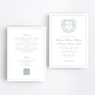 Convite Dusty Blue Crest QR RSVP All-In-One Wedding