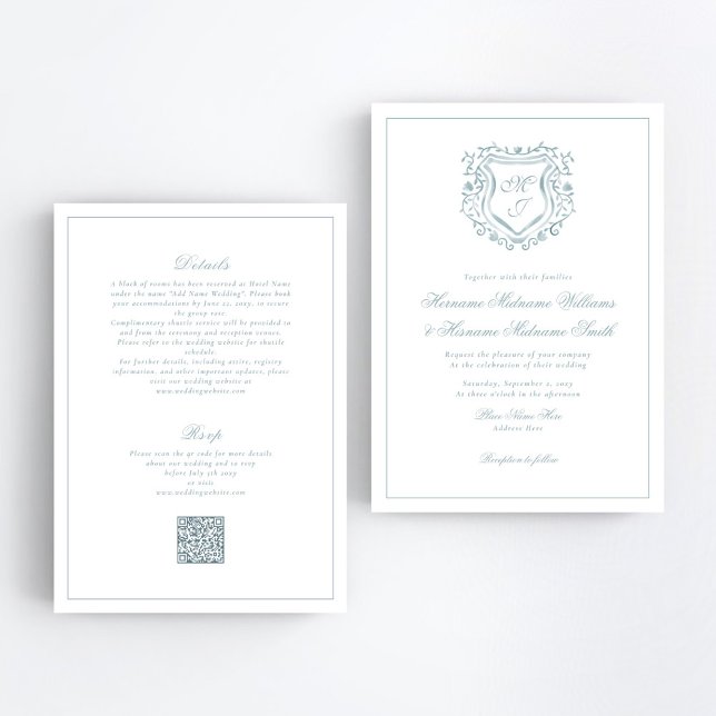Convite Dusty Blue Crest QR RSVP All-In-One Wedding (Criador carregado)