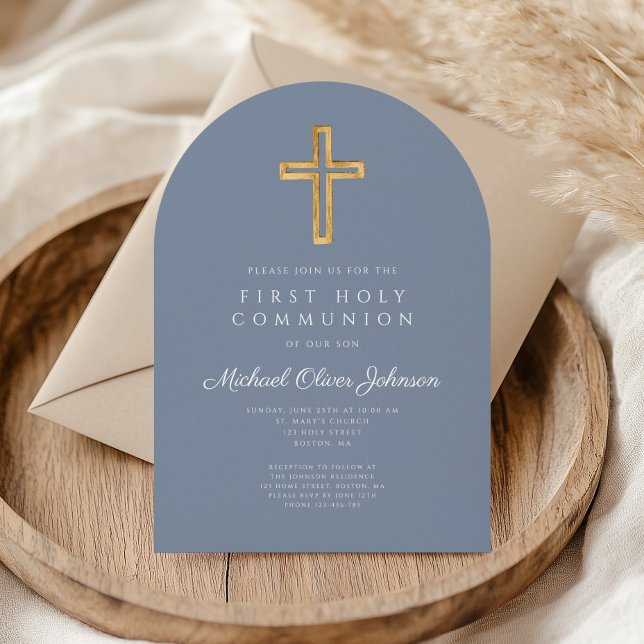 Convite Dusty Blue Cross Boy First Communch (Dusty Blue Cross Boy First Communion Arch Invitation)